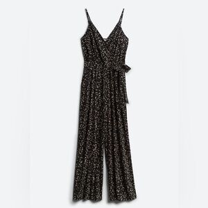 Kaileigh Rochelle Black Printed Knit Sleeveless V-Neck Wide Leg Jumpsuit Size L